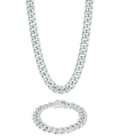 18K White Gold Plated ICEE Cuban Chain & Bracelet